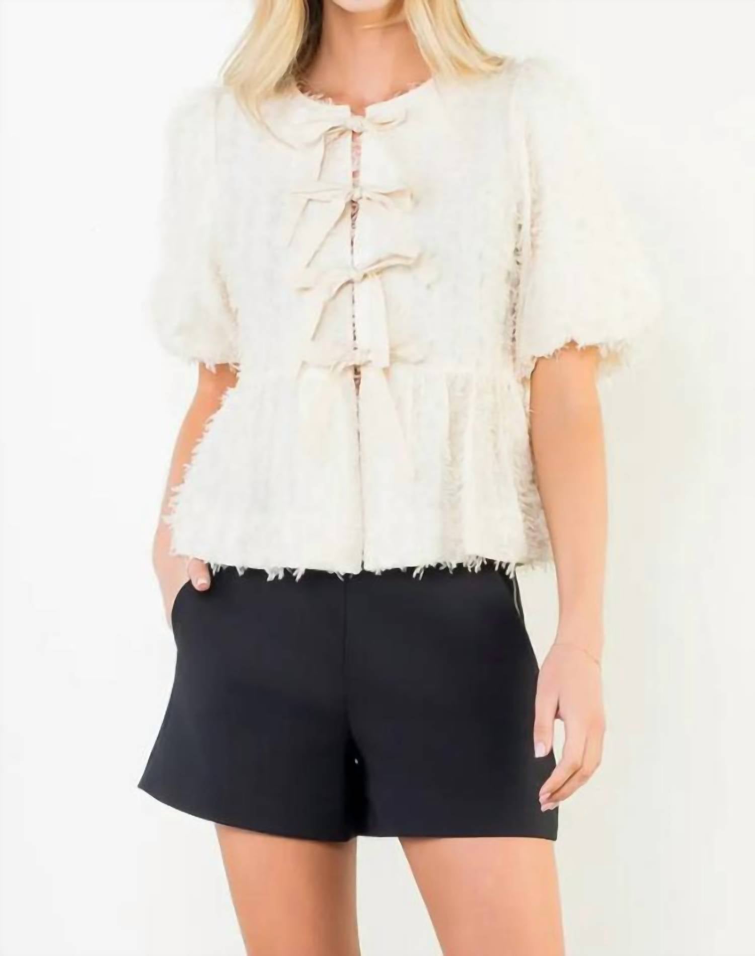 Mint Exclusives Freya Fringed Front Tie Puff Sleeve Top in beige - women's blouse