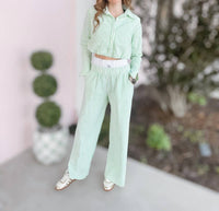 BUCKETLIST Striped Seersucker Crop Shirt Top in sage - women's shirt - view 5