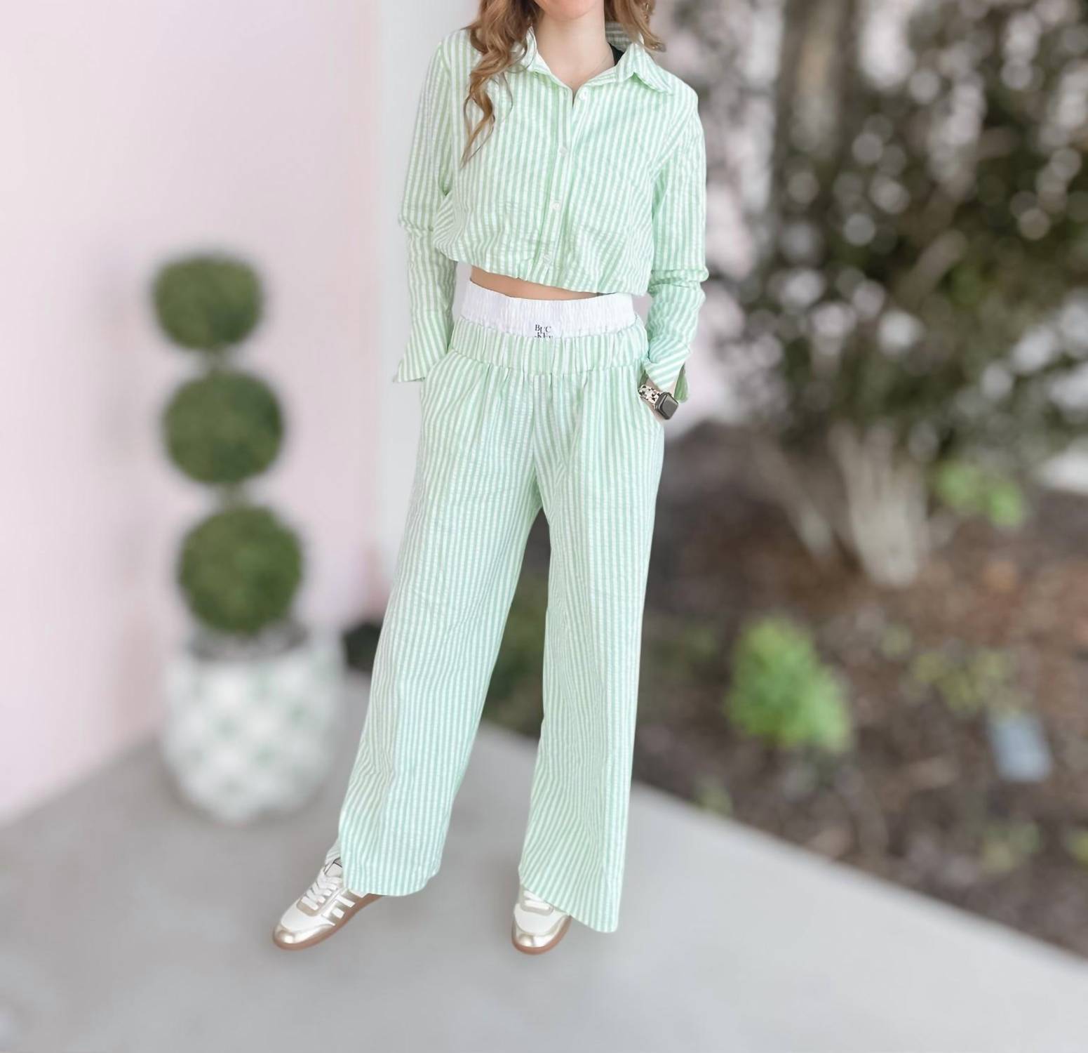 BUCKETLIST Striped Seersucker Crop Shirt Top in sage - women's shirt - view 5