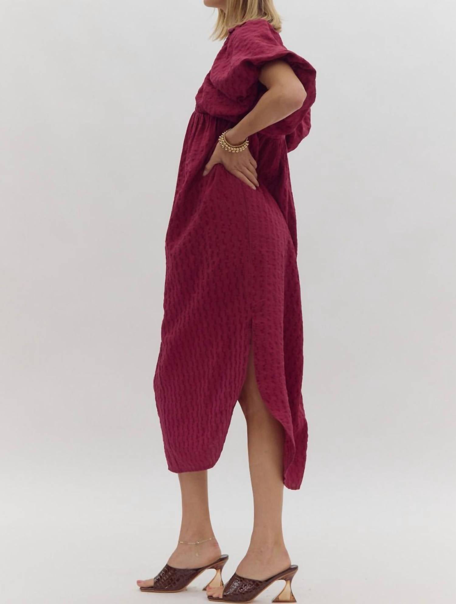 Entro - Textured Puff Sleeve Midi Dress