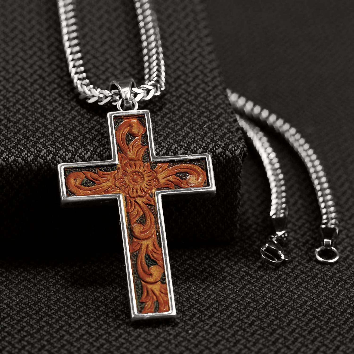Twister Men's Tooled Cross Necklace in silver brown - men's jewelry