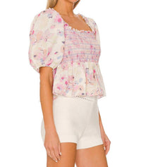 Something Navy - Floral Smocked Puff Shoulder Top