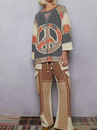 Pol - Crew Neck Printed Peace Patch Overlock Stitch Knit Top