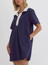 entro Modern Flair Collar Dress in navy and white - women's dress - detail view