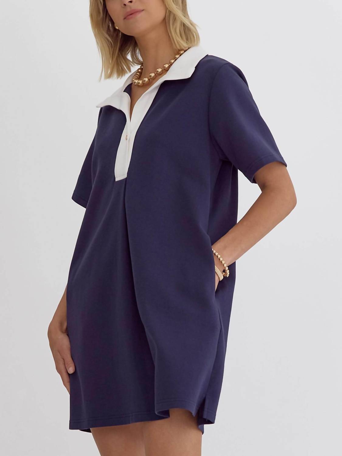 entro Modern Flair Collar Dress in navy and white - women's dress - detail view