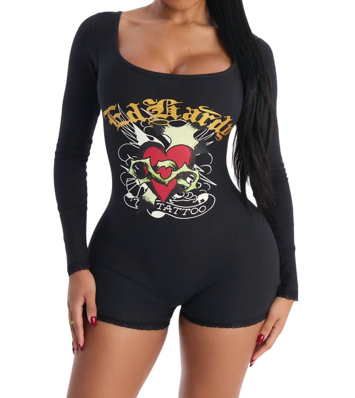 Ed Hardy Sacred Heart Long Sleeve Short Lace Romper in black - women's pants