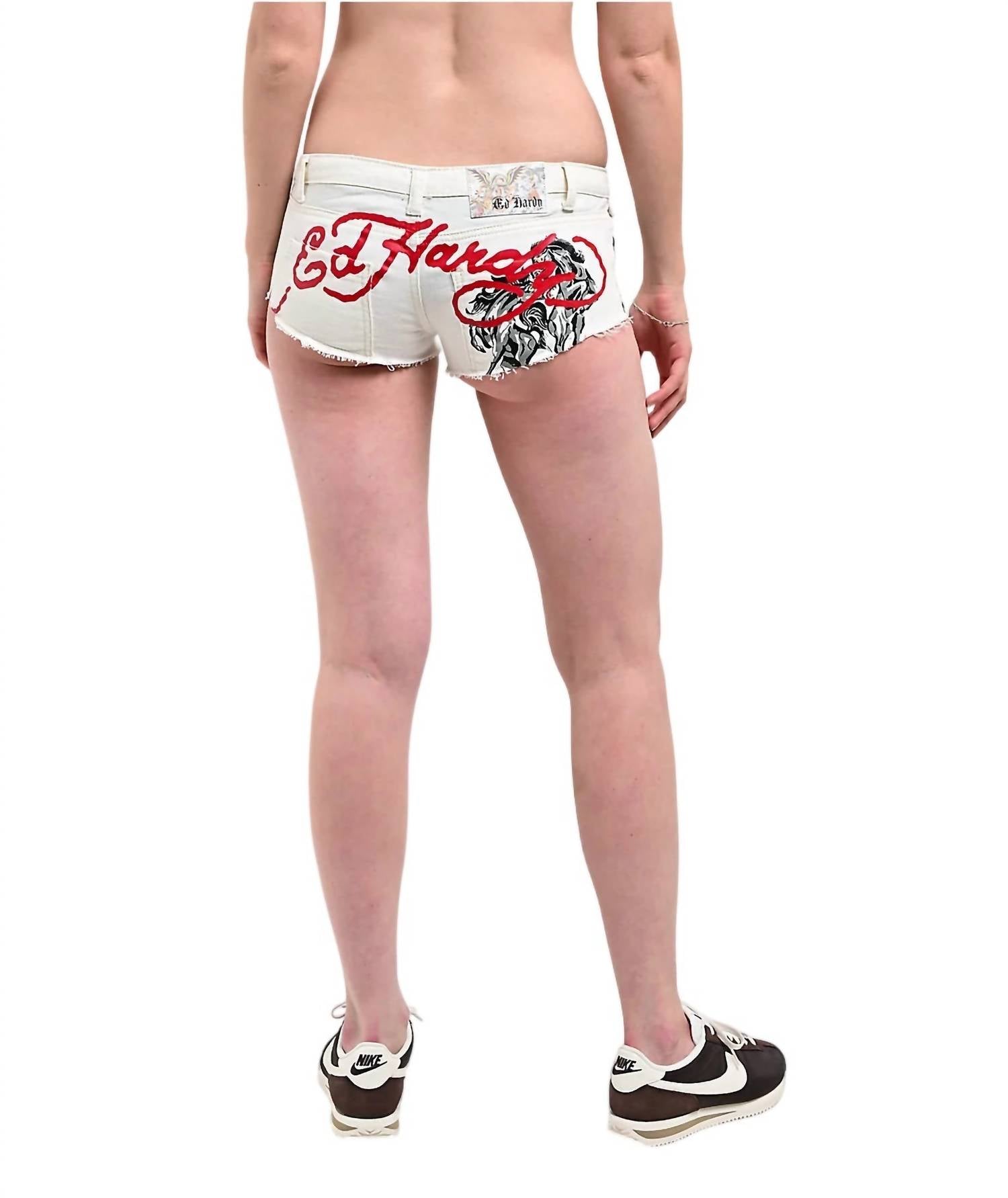 Ed Hardy Horses Micro Denim Shorts in ivory - women's shorts - alternate view