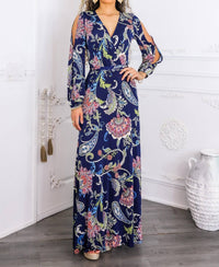Surelymine - Paisley Cutout Maxi Dress With Long Sleeves