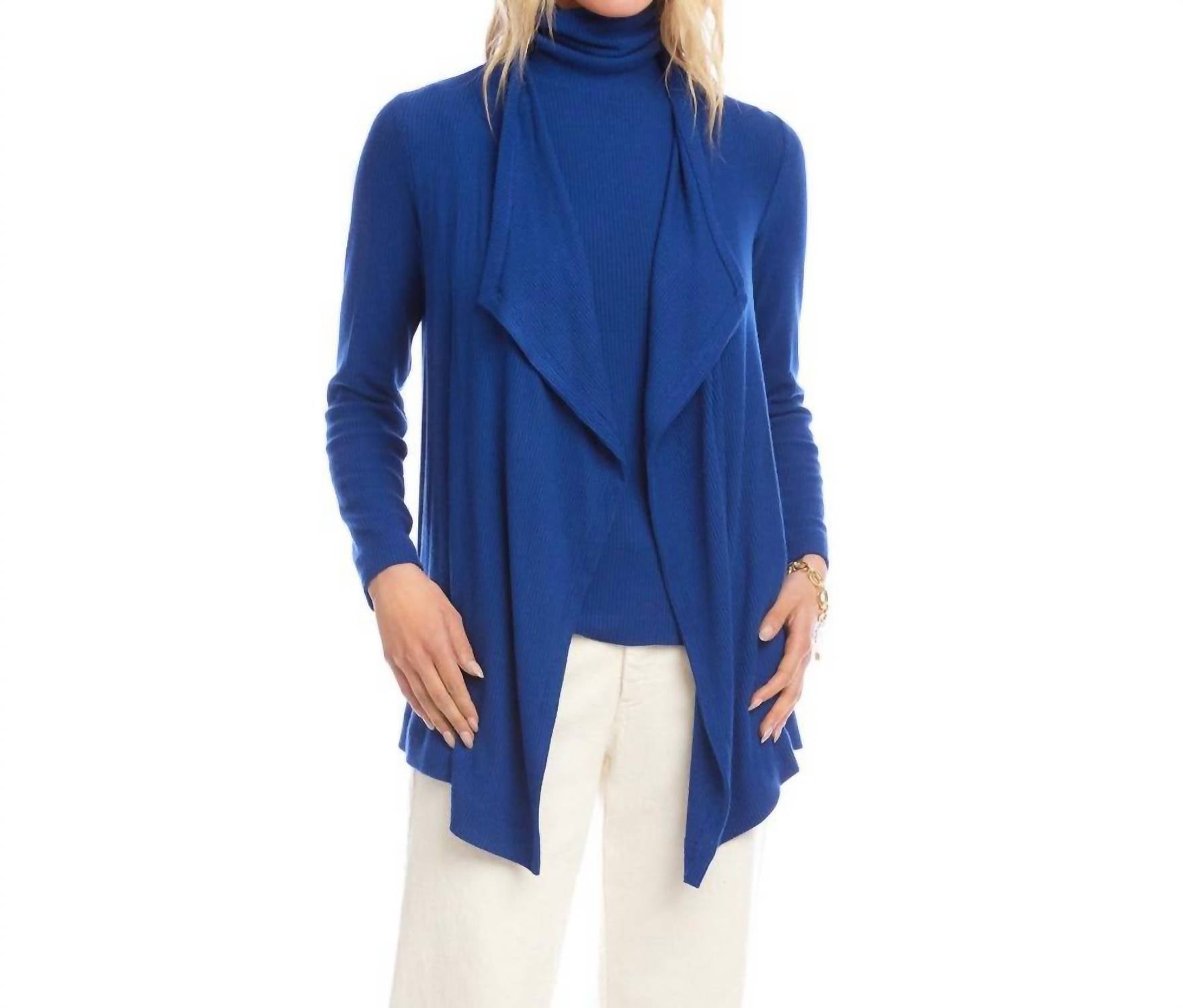 Karen Kane Long Sleeve Ribbed Drape Front Cardigan in indigo - women's cardigan