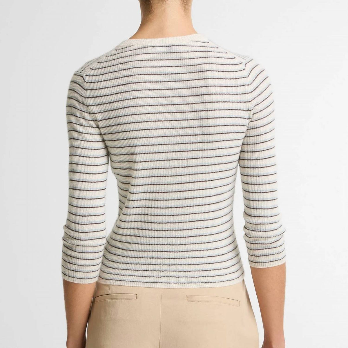 Vince - Striped Cashmere Silk High V-neck Sweater