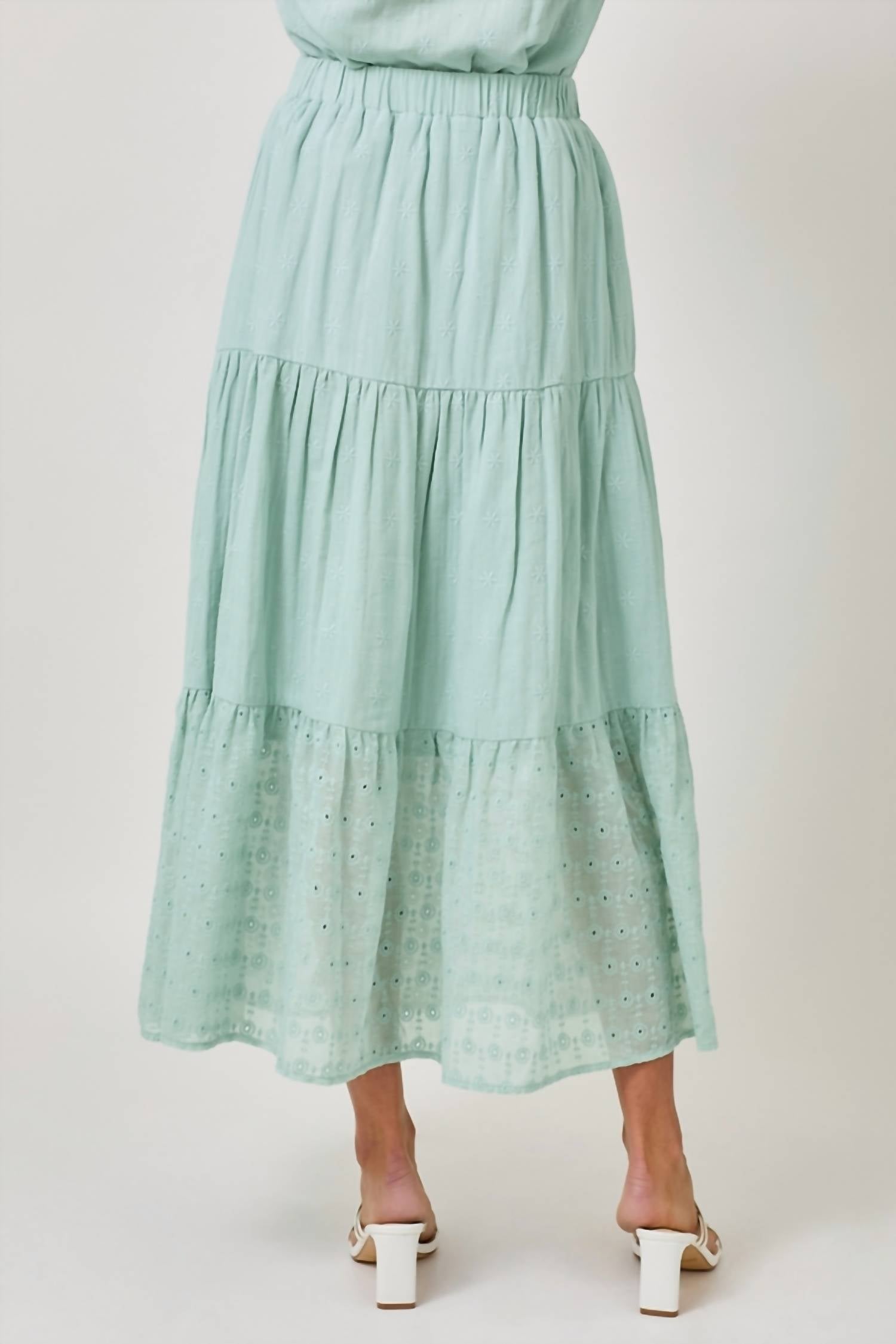 mystree Embroidered Eyelet Tiered Skirt in pale seafoam - women's skirt - alternate view