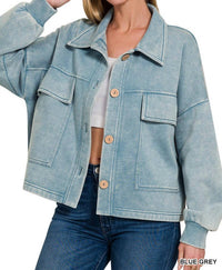 Zenana - Acid Wash Fleece Cropped Shacket With Front Pockets