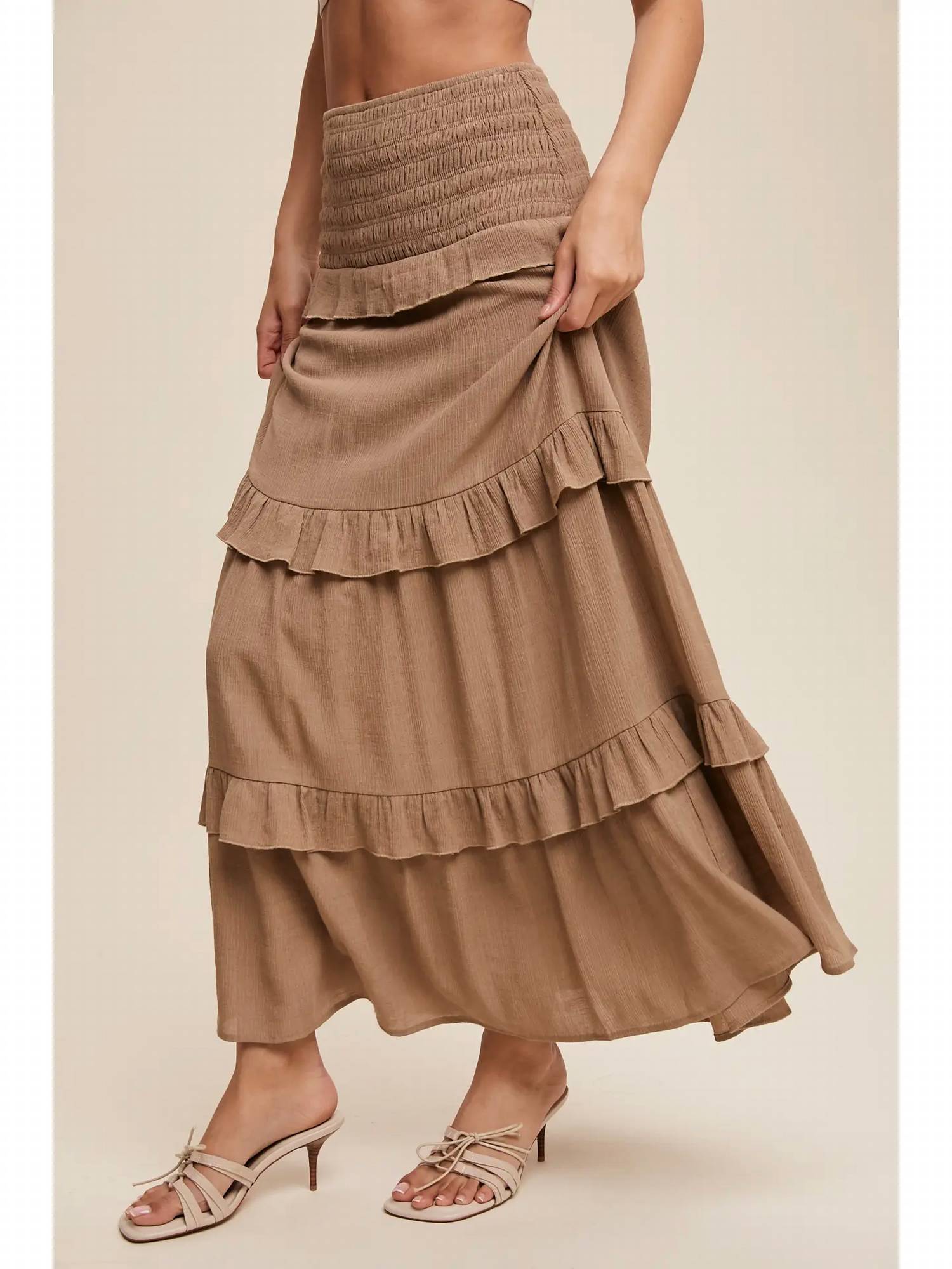 Listicle - 2-way Smocked Ruffle Tiered Midi Dress Or Skirt