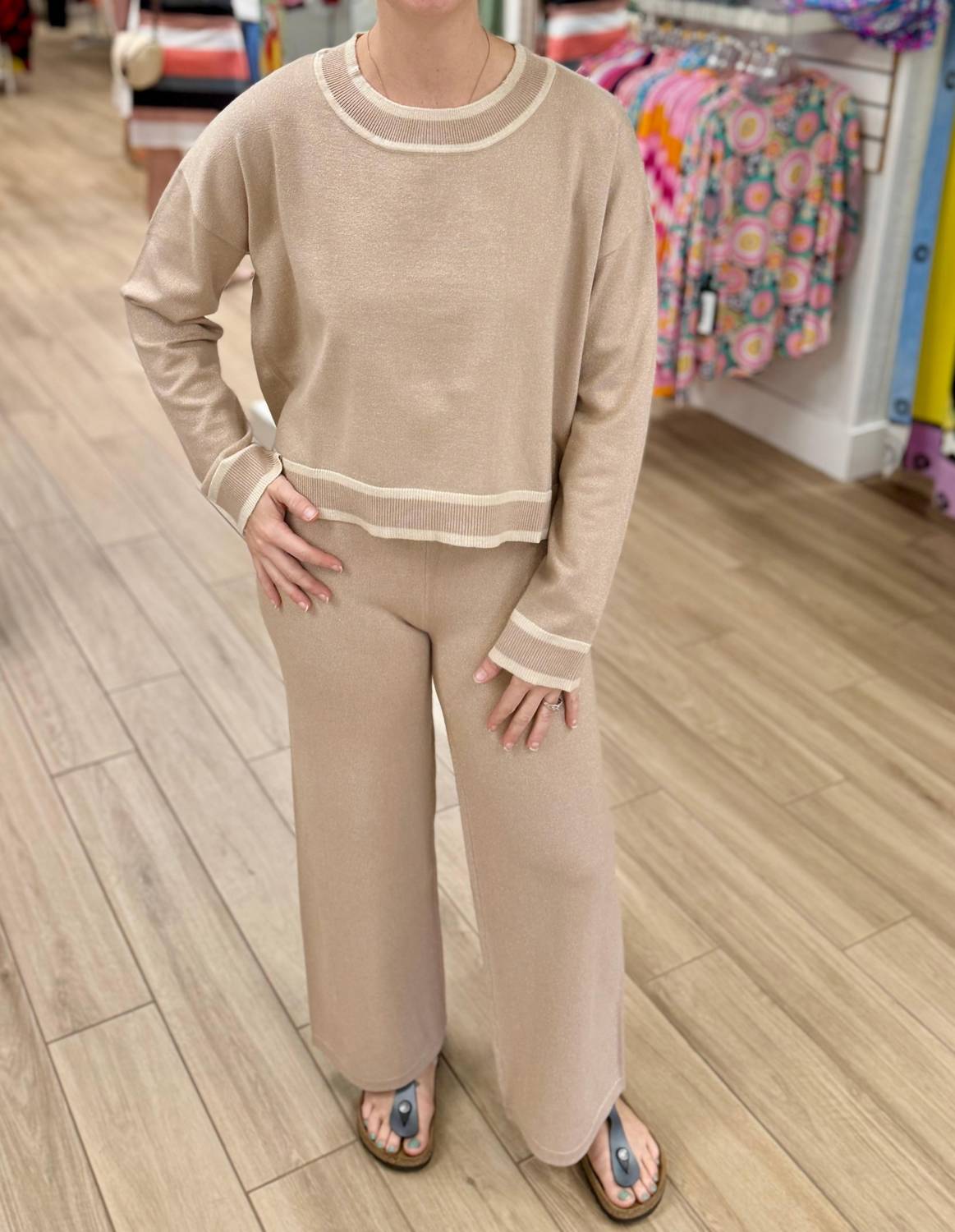 M made in Italy Straight Leg Shimmer Pant in italy straight leg shimmer pant in beige - women's pants