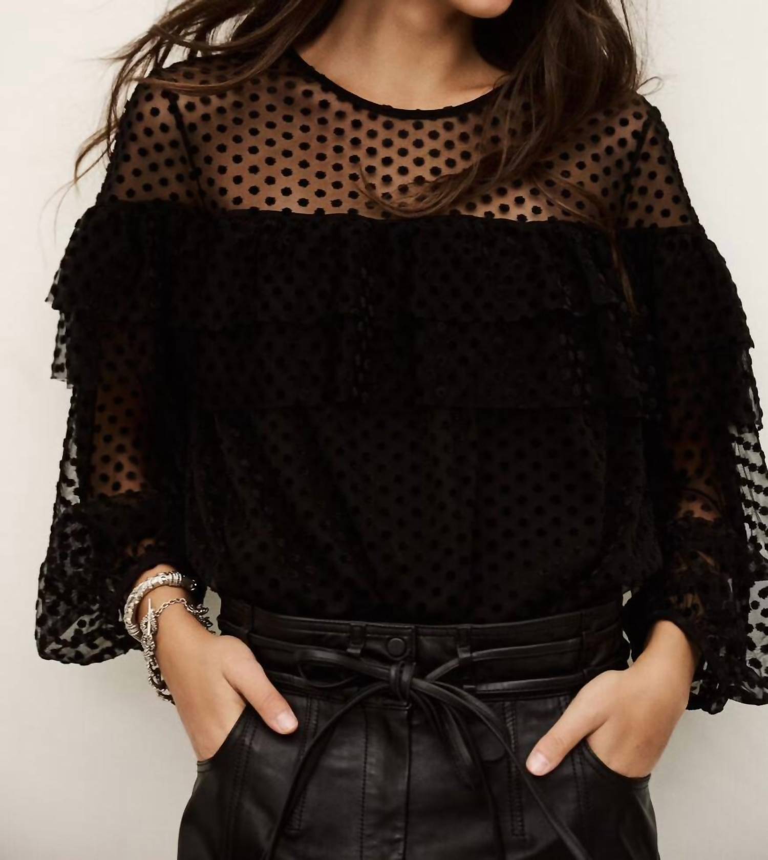 ba&sh Round Collar Blouse Top in black - women's blouse - detail view