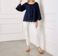 Karen Kane - Flare Sleeve Embroidered Scallop Edge Peasant Top