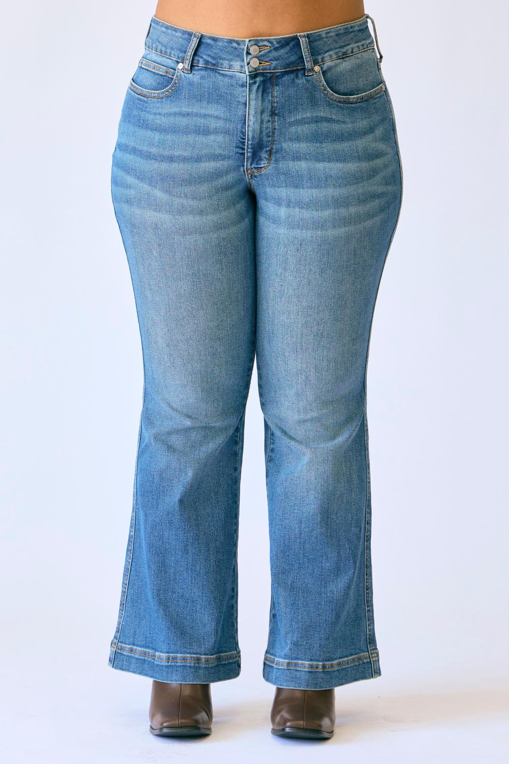 Judy Blue - Women's Tummy Control Petite Flare Double Button Waist Band Jeans