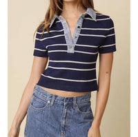 Olivaceous - Leni Striped Contrast Denim Collar Top