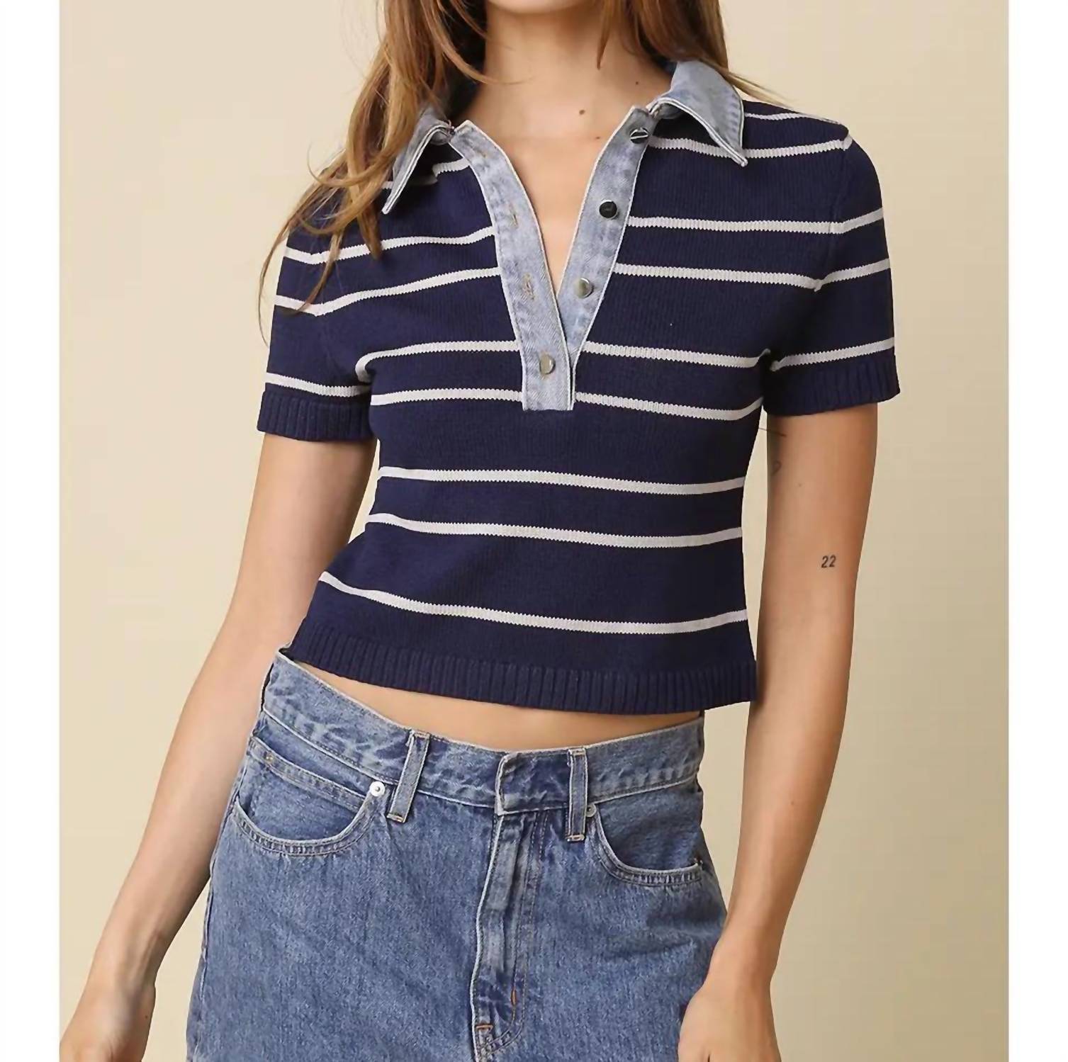 Olivaceous - Leni Striped Contrast Denim Collar Top