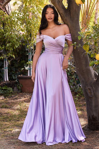 Cinderella Divine - Long Off Shoulder A-line Satin Gown Dress