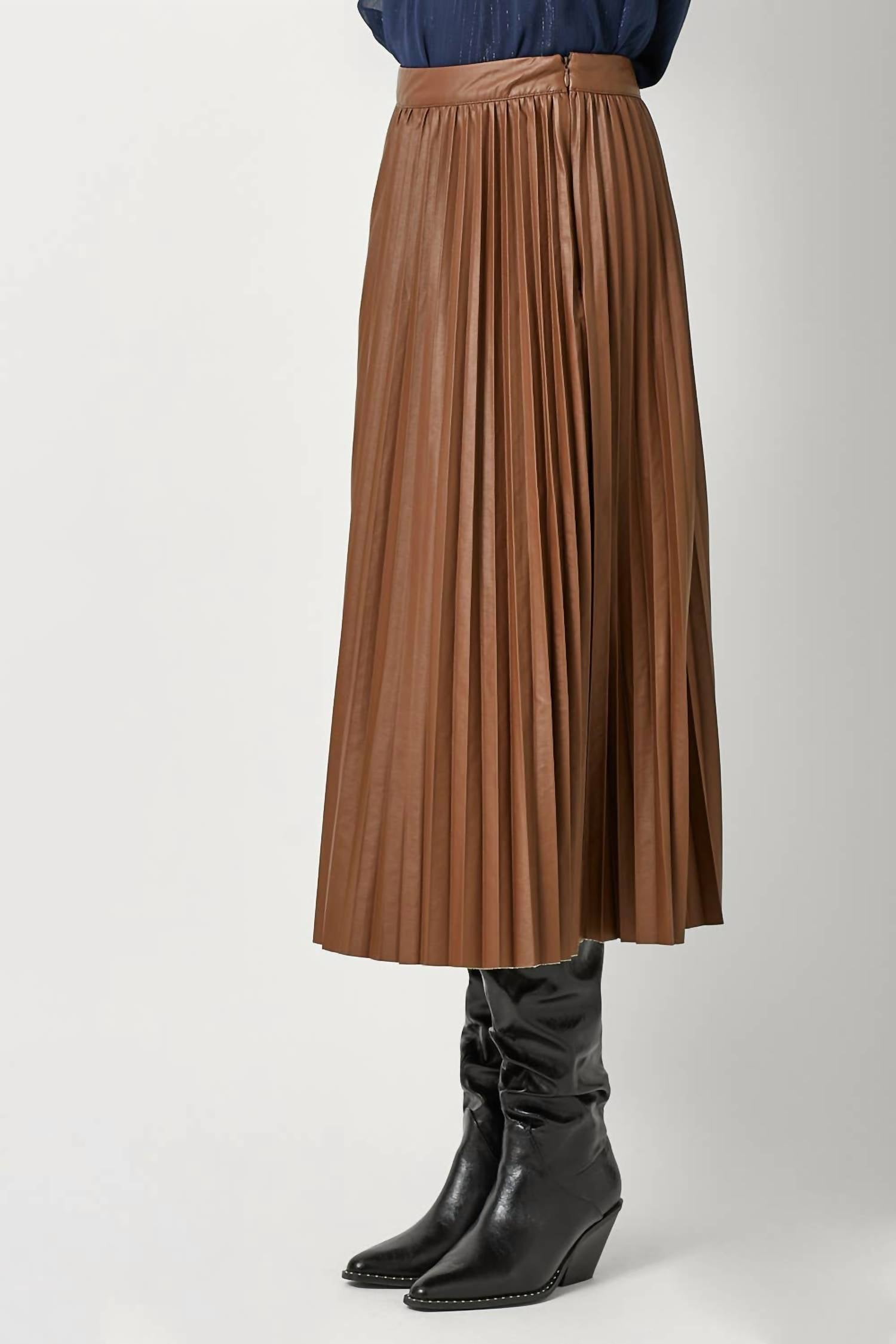 mystree Leather Pleated Midi Skirt in brown - women's skirt - alternate view