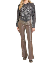 Rock & Roll Denim Graphic Pullover T Shirt With Rhinestones in charcoal - women's long sleeve top - alternate view