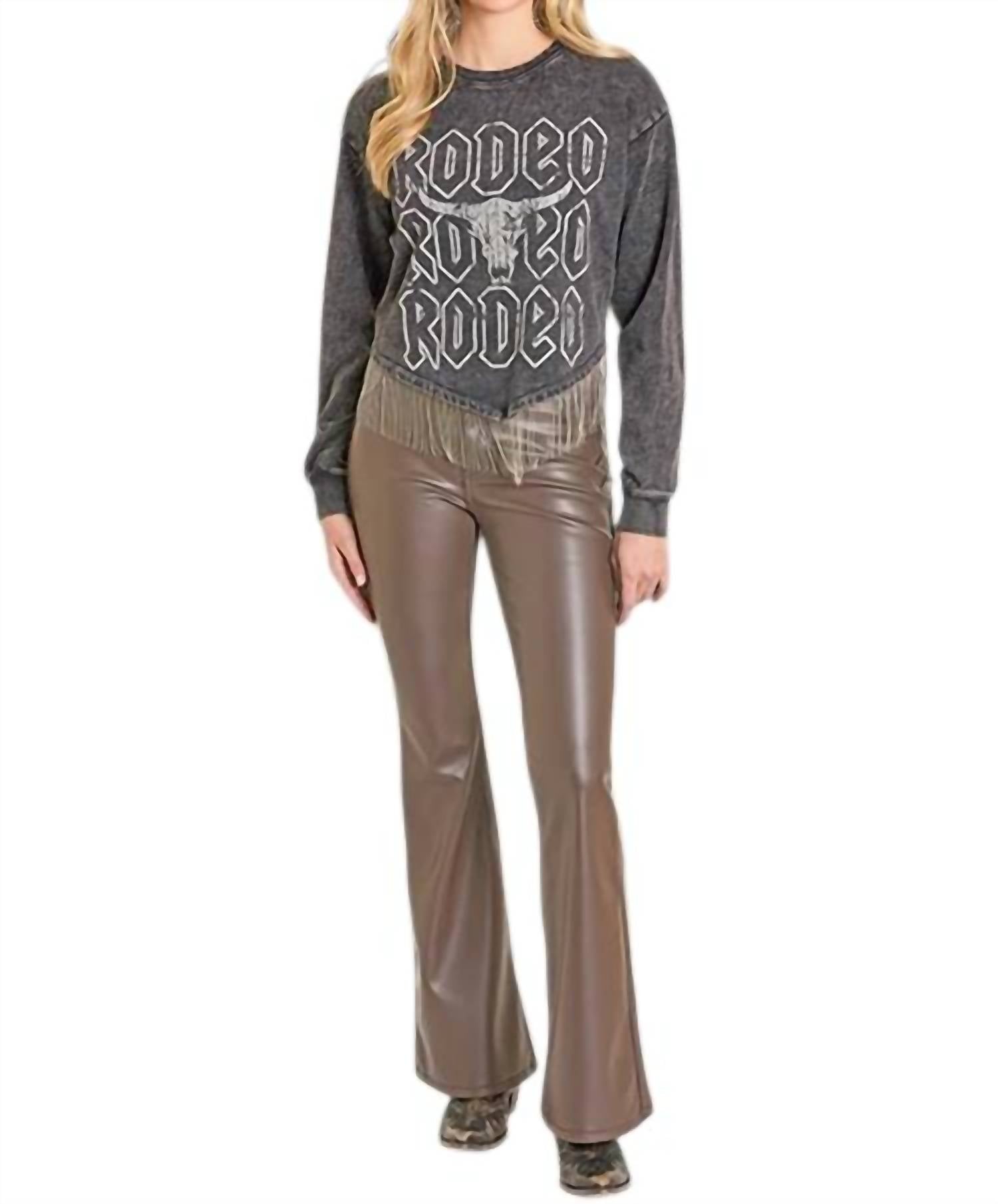 Rock & Roll Denim Graphic Pullover T Shirt With Rhinestones in charcoal - women's long sleeve top - alternate view