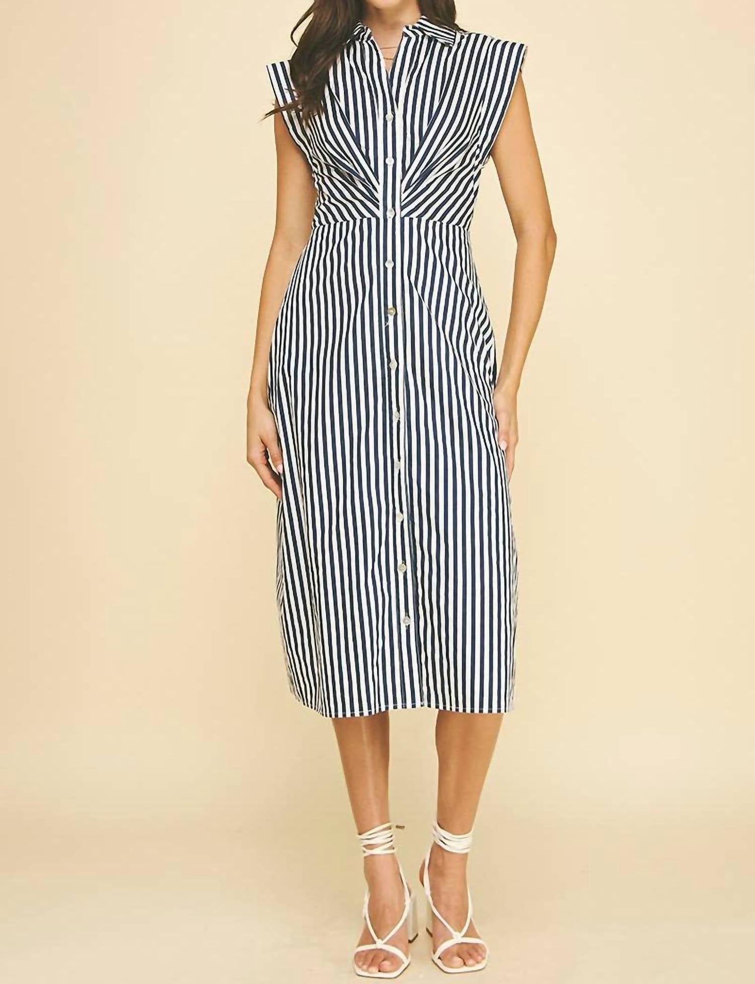 PINCH Women's Striped Button Down Midi Dress in navy white - women's dress
