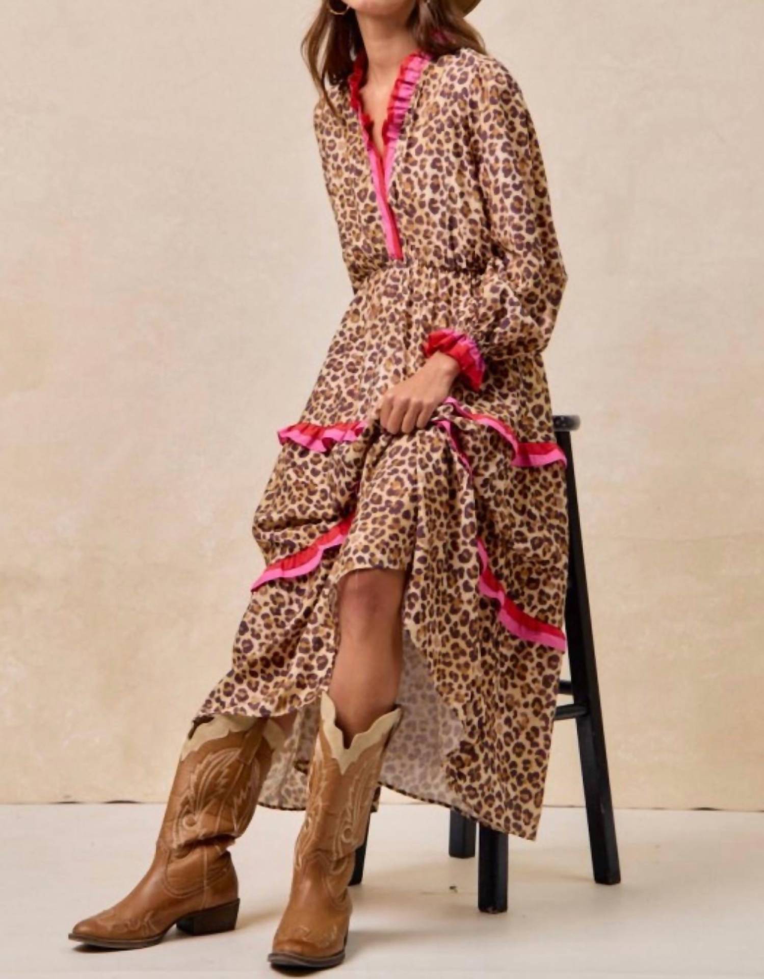 BiBi Leopard Printed Midi Dress With Contrast Stripe in beige - women's dress - view 4
