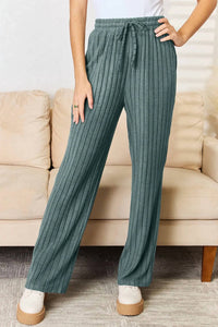 Basic Bae - Full Size Ribbed Drawstring Hooded Top And Straight Pants Set
