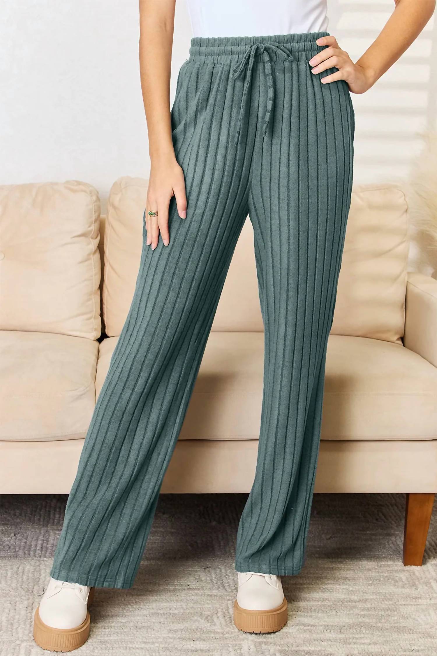 Basic Bae - Full Size Ribbed Drawstring Hooded Top And Straight Pants Set