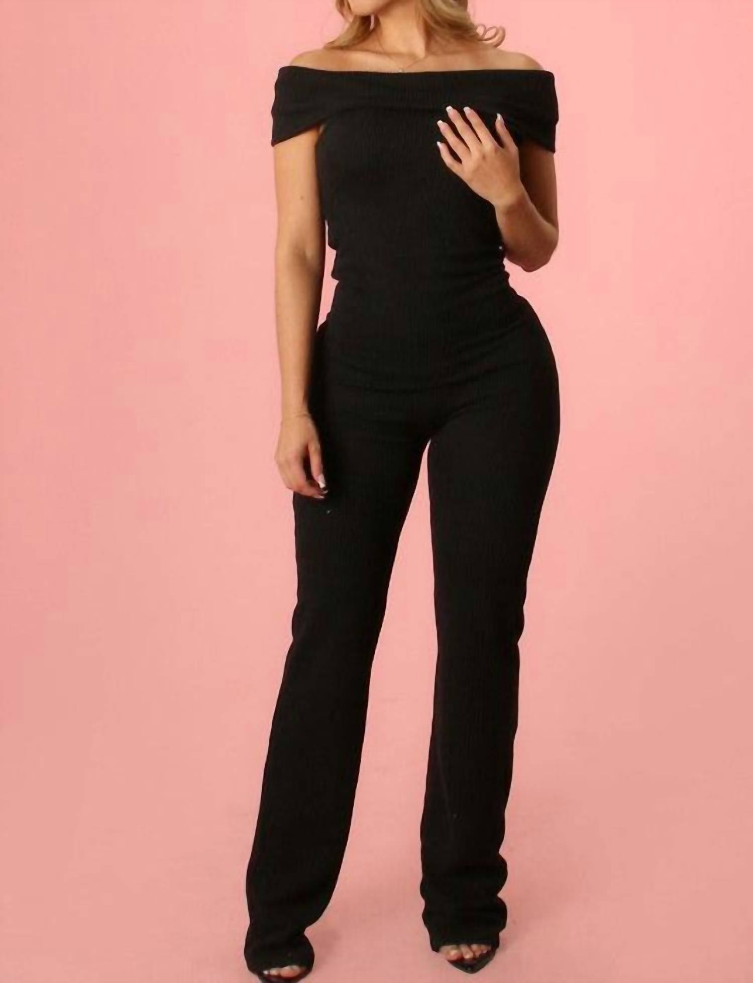 Yellow Cabbage - Ribbed Off Shoulder Jumpsuit