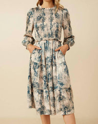 Hayden La - Botanical Print Smocked Bodice Satin Dress