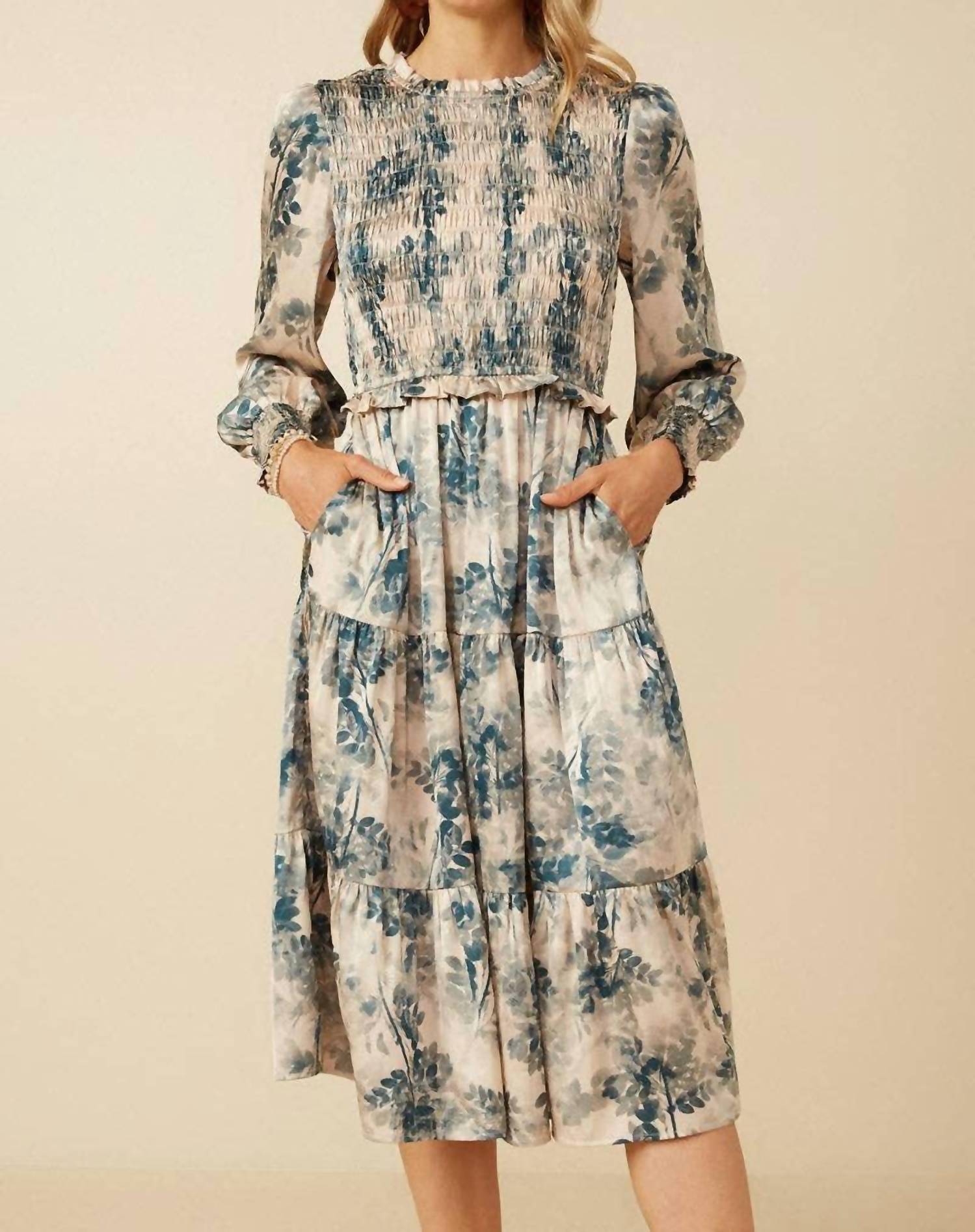 Hayden La - Botanical Print Smocked Bodice Satin Dress