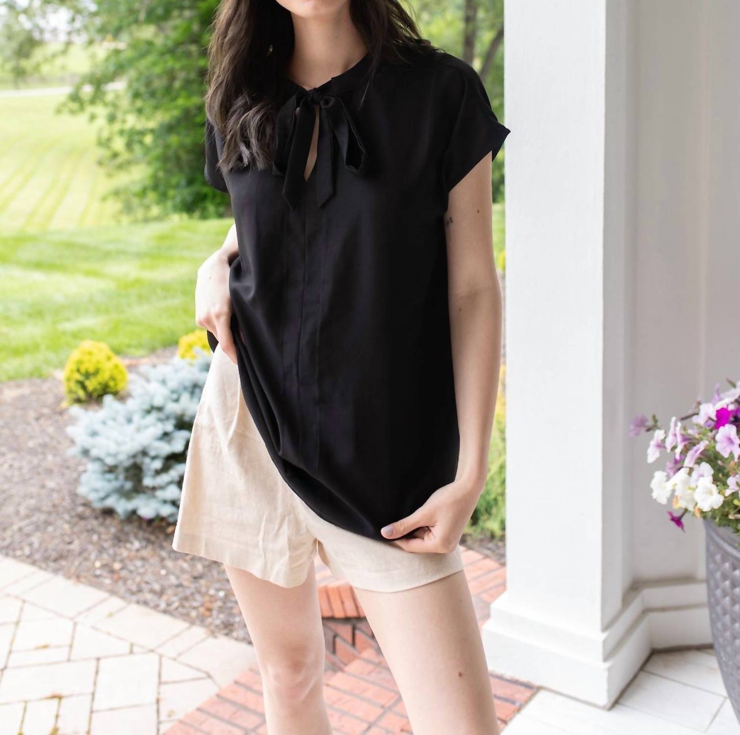 Doe and Rae Midnight Charm Tie Neck Blouse in black - women's blouse - alternate view