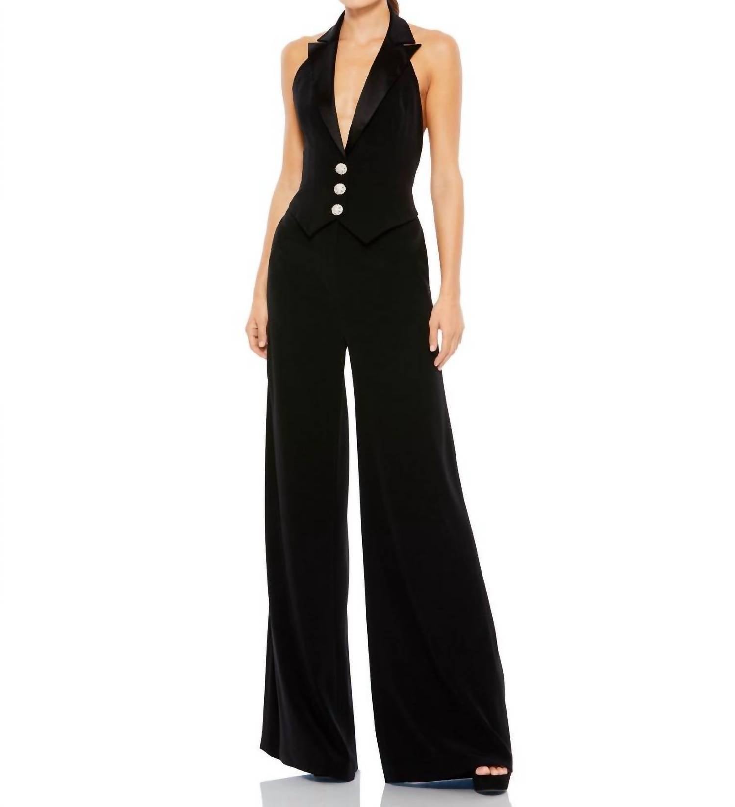 Ieena for Mac Duggal Tuxedo Halter Jumpsuit in black - women's pants