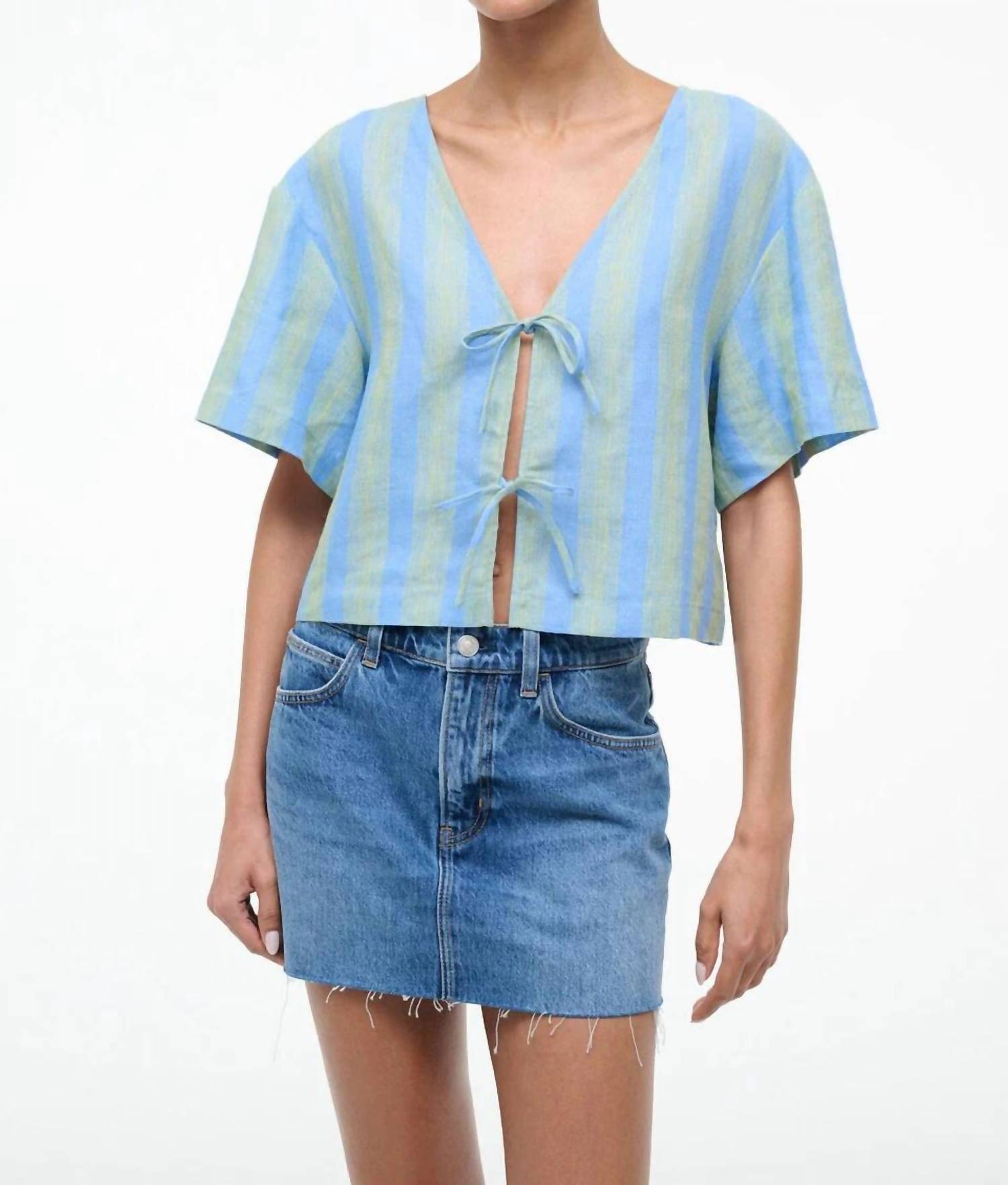 STAUD Ava Linen Top in seaport stripe - women's t-shirt