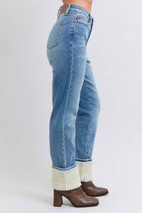 Judy Blue - High Waist Shearling Cuff Straight Leg Jeans
