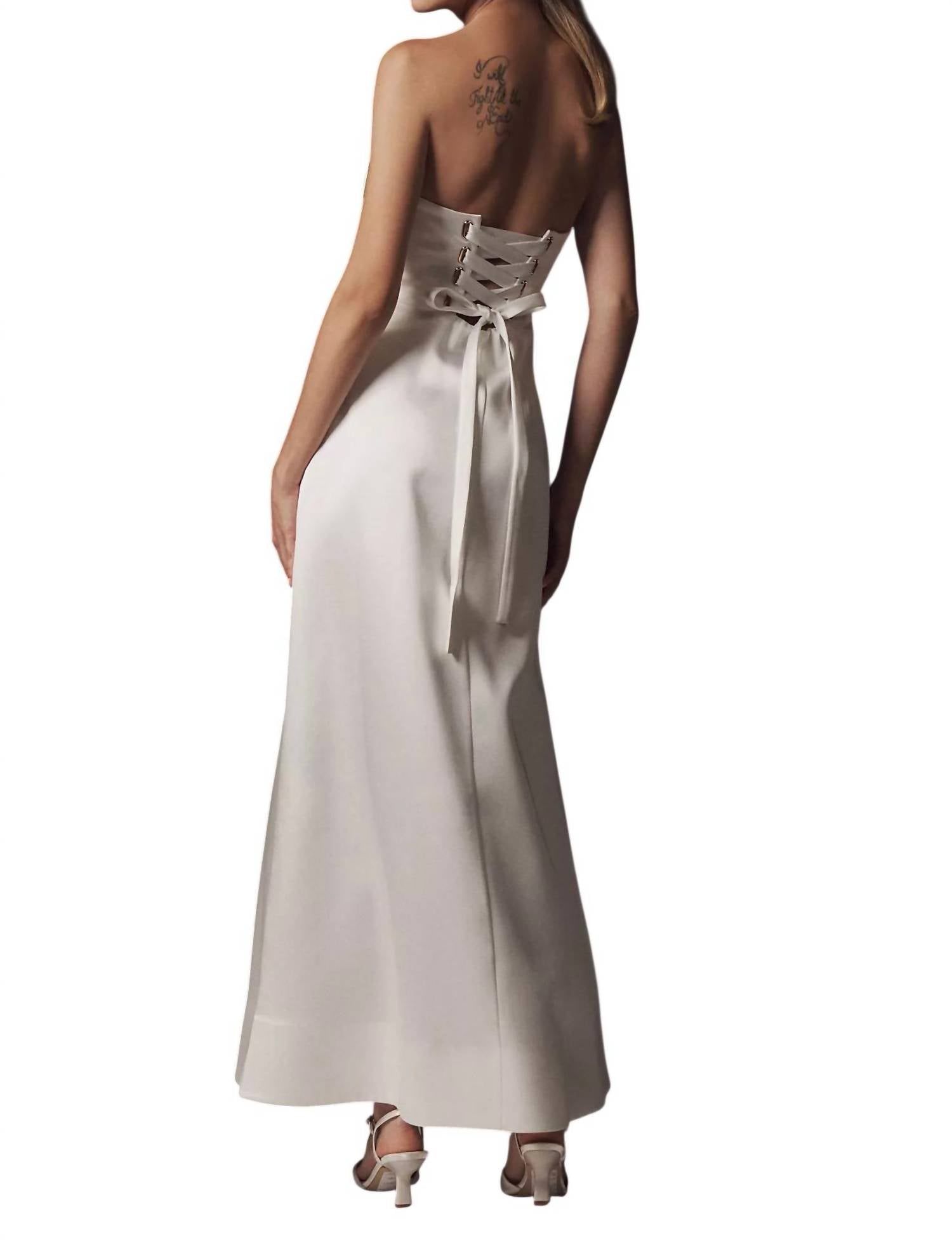 Mare Mare Women’s Piper Strapless Satin Fit & Flare Maxi Dress in white - women's dress - detail view