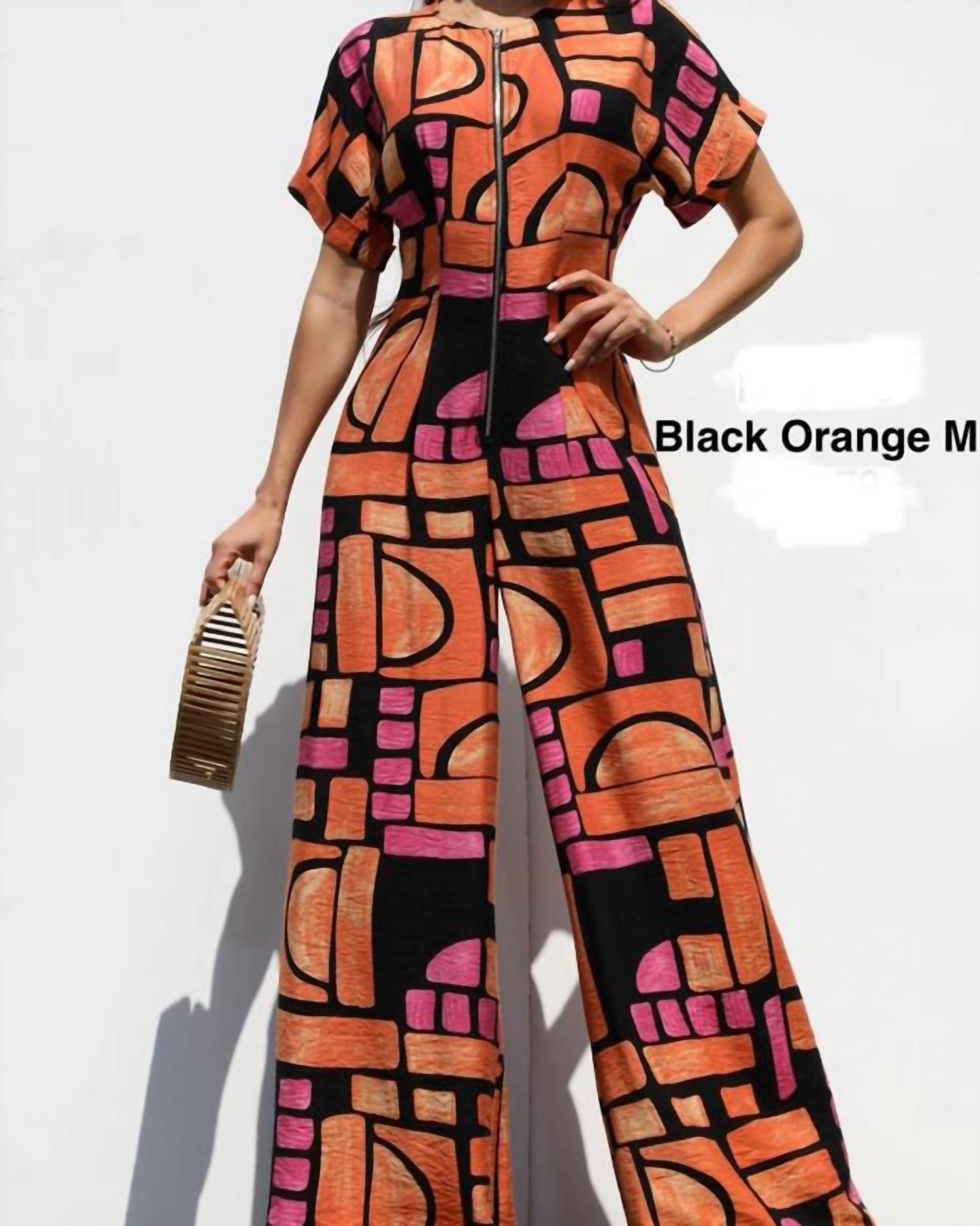 Dress Day Printed Loose Fit Front Zip Jumpsuit in orange - women's pants