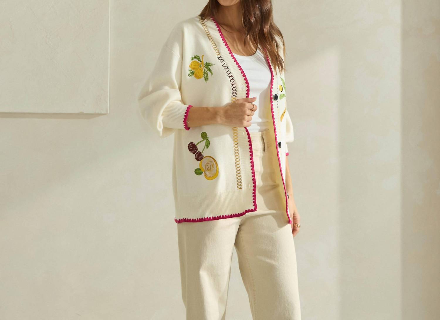 ABLE Embroidered V-neck Cardigan in cream red - women's cardigan - view 8