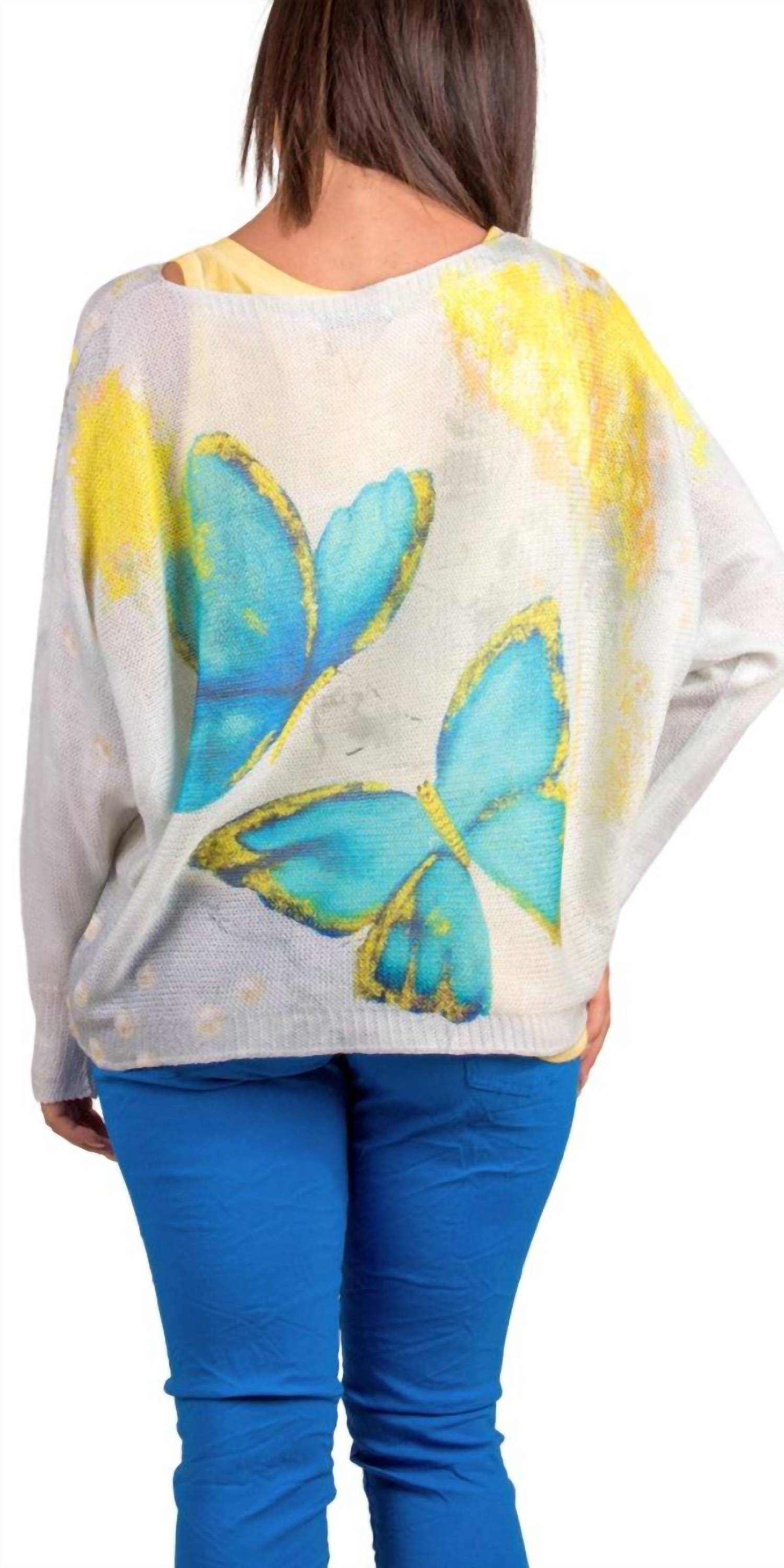 GIGI MODA Daria Batwing Sweater with Butterfly Print in white - women's top - detail view