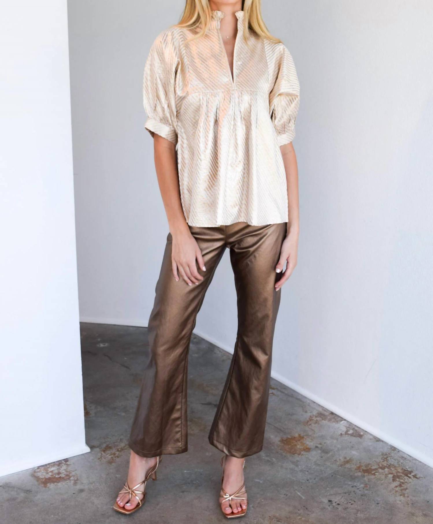 Never a Wallflower High Neck Top in ivory stripe - women's blouse - detail view