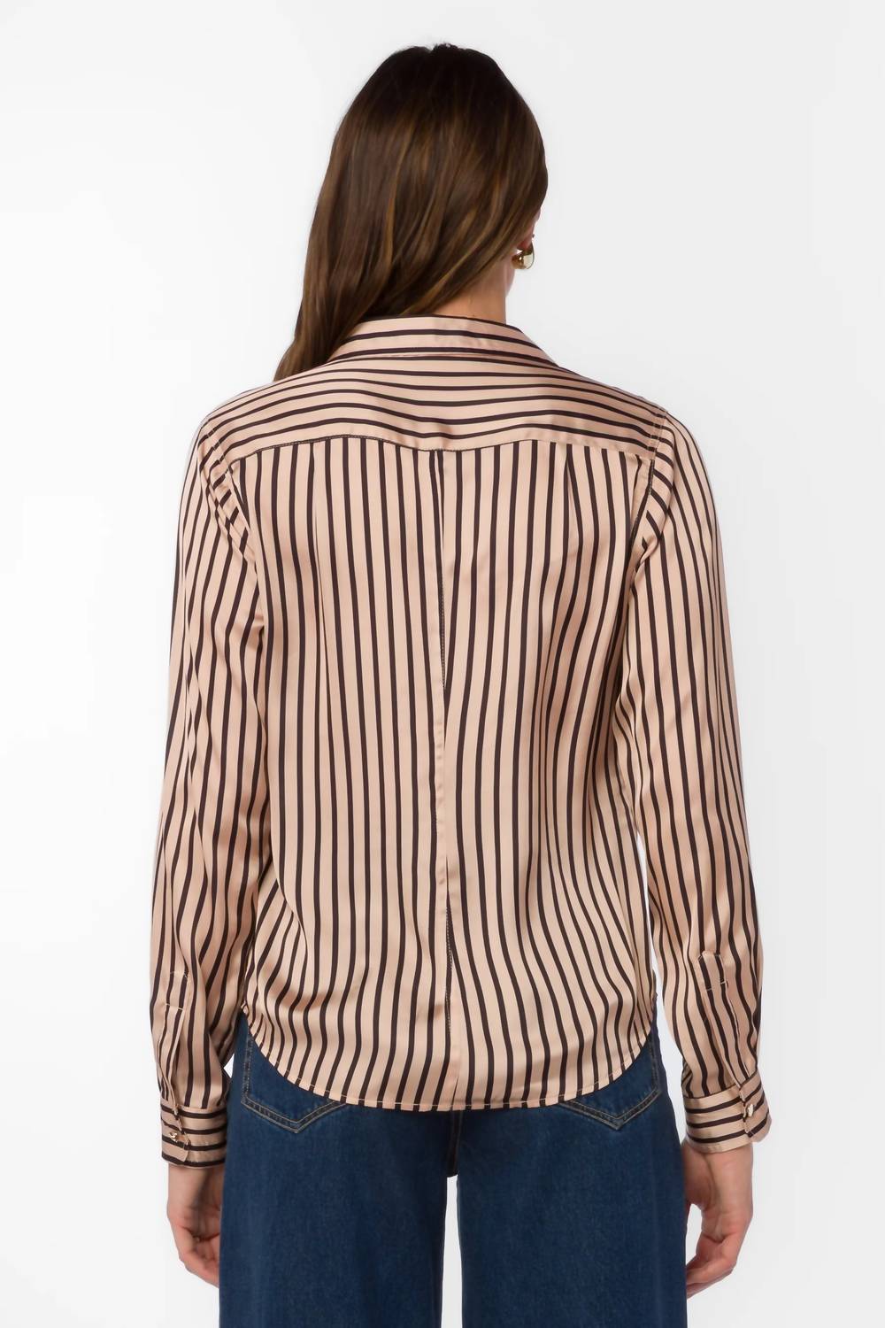 Velvet Heart Jasmine Long Sleeve Button Up Shirt in soft blush navy stripes - women's shirt - detail view