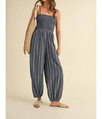 Klesis - Spaghetti Strap Smocked Striped Balloon Jumpsuit