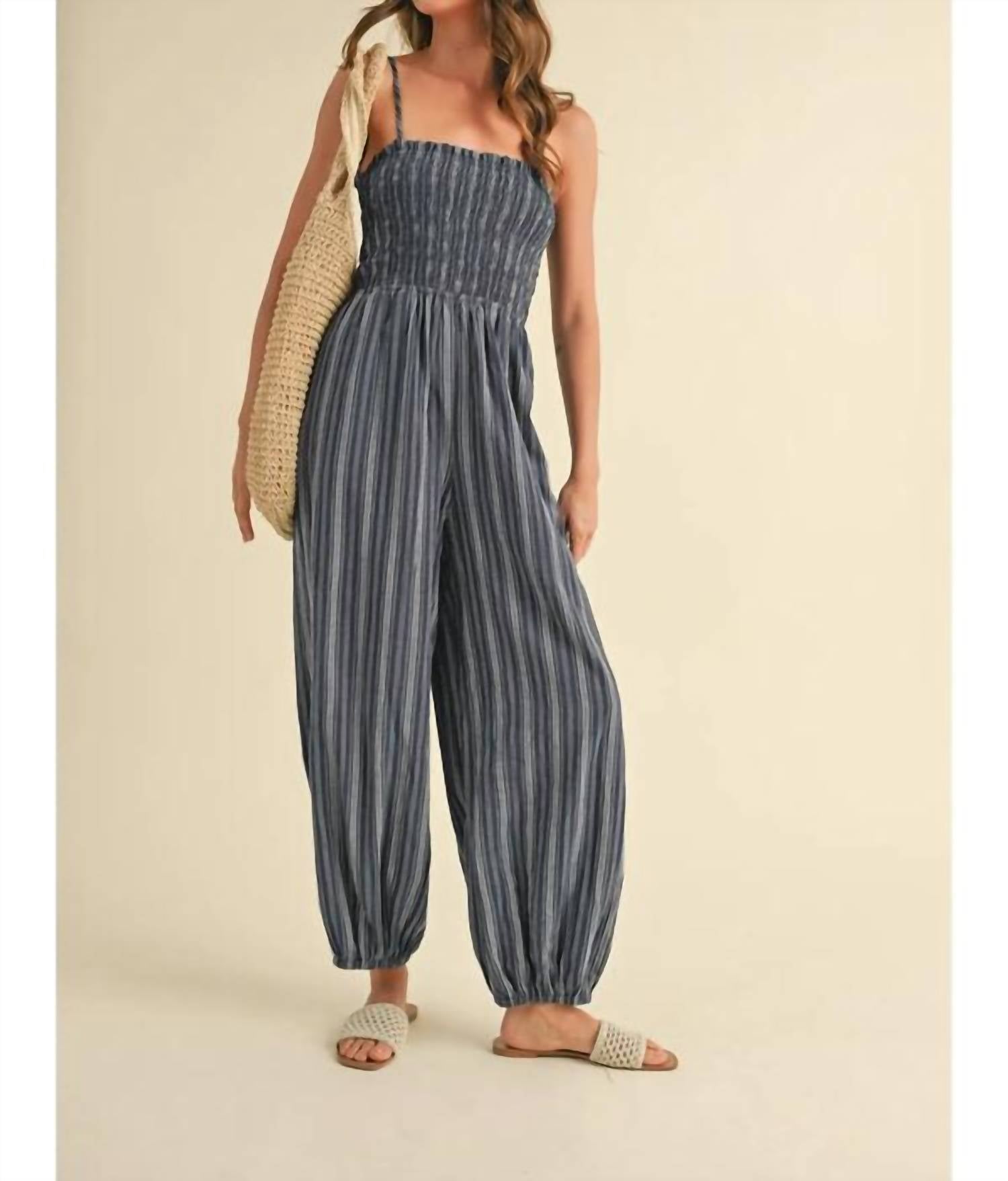 Klesis - Spaghetti Strap Smocked Striped Balloon Jumpsuit