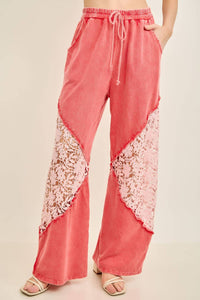 J.Her Mineral Washed Floral Lace Elastic Waist Cool Pant in red - women's pants
