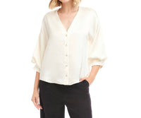 Karen Kane Lantern Sleeve Crystal Rhinestone Button Satin Top - Petite in cream - women's blouse
