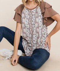 Emerald Collection Floral Paisley Tiered Sleeves Top in brown - women's blouse - view 5