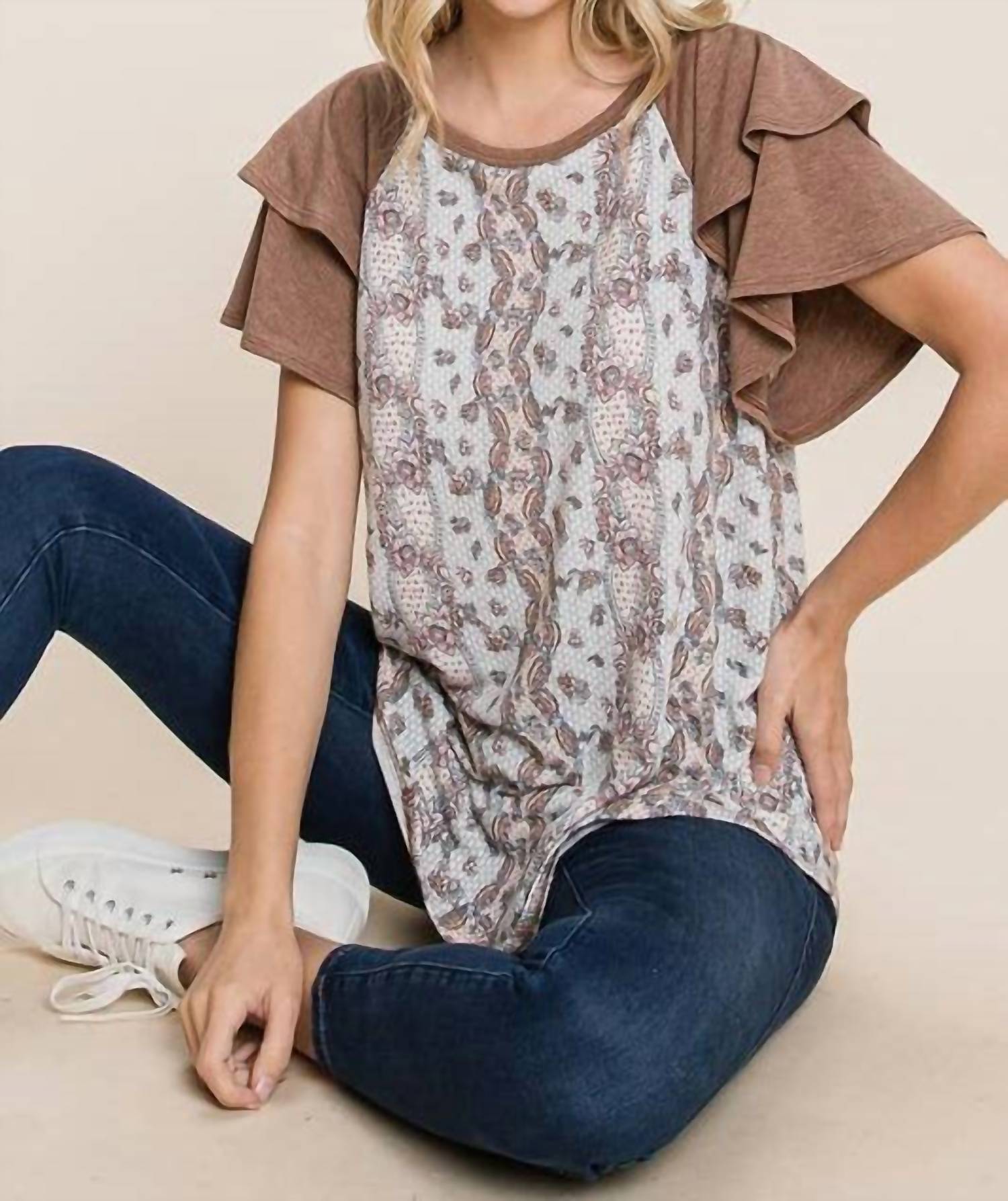Emerald Collection Floral Paisley Tiered Sleeves Top in brown - women's blouse - view 5